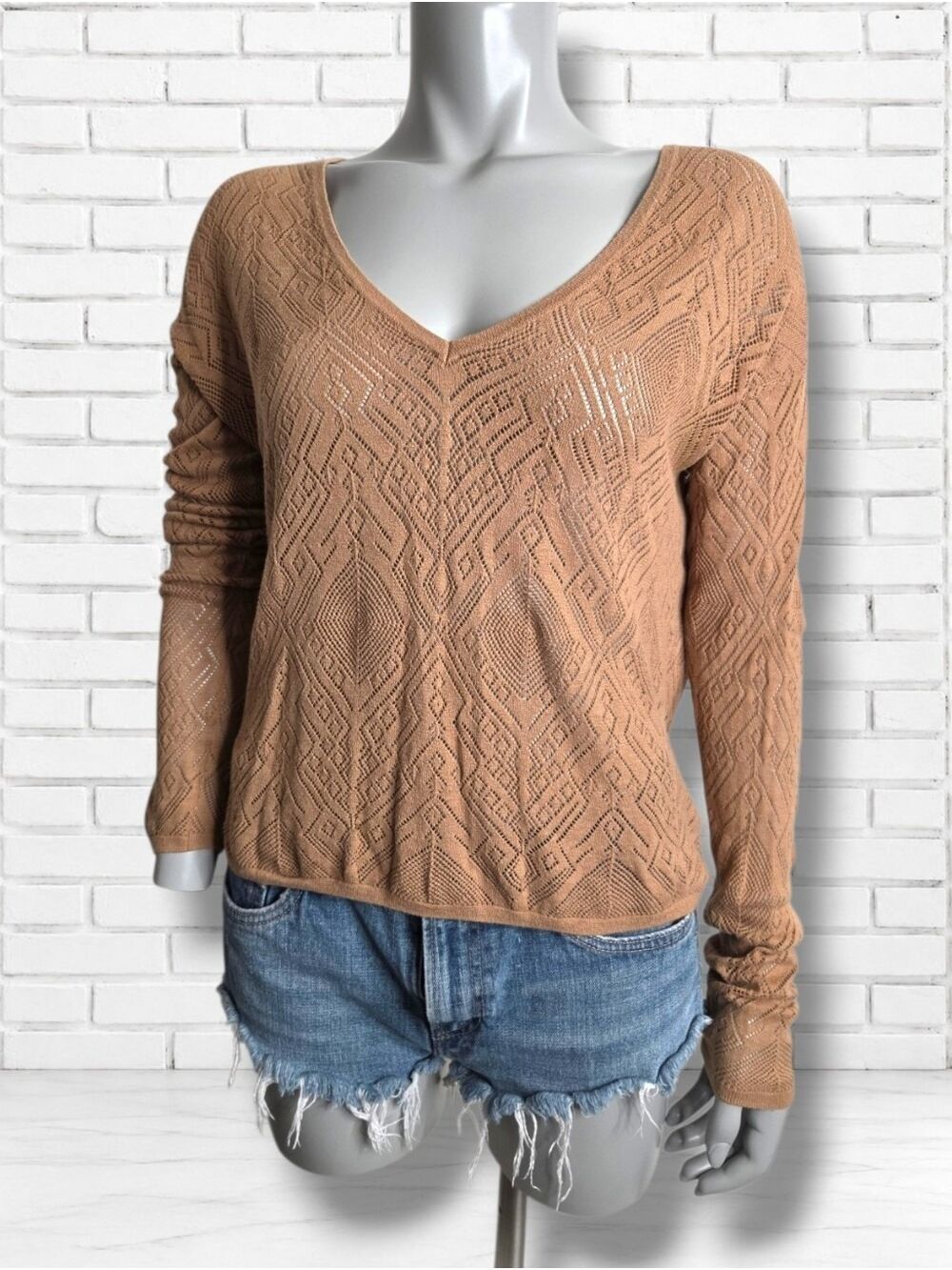 Anthropologie Yoon Size XS Tan Geometric Knit V Neck Open Knit Sweater